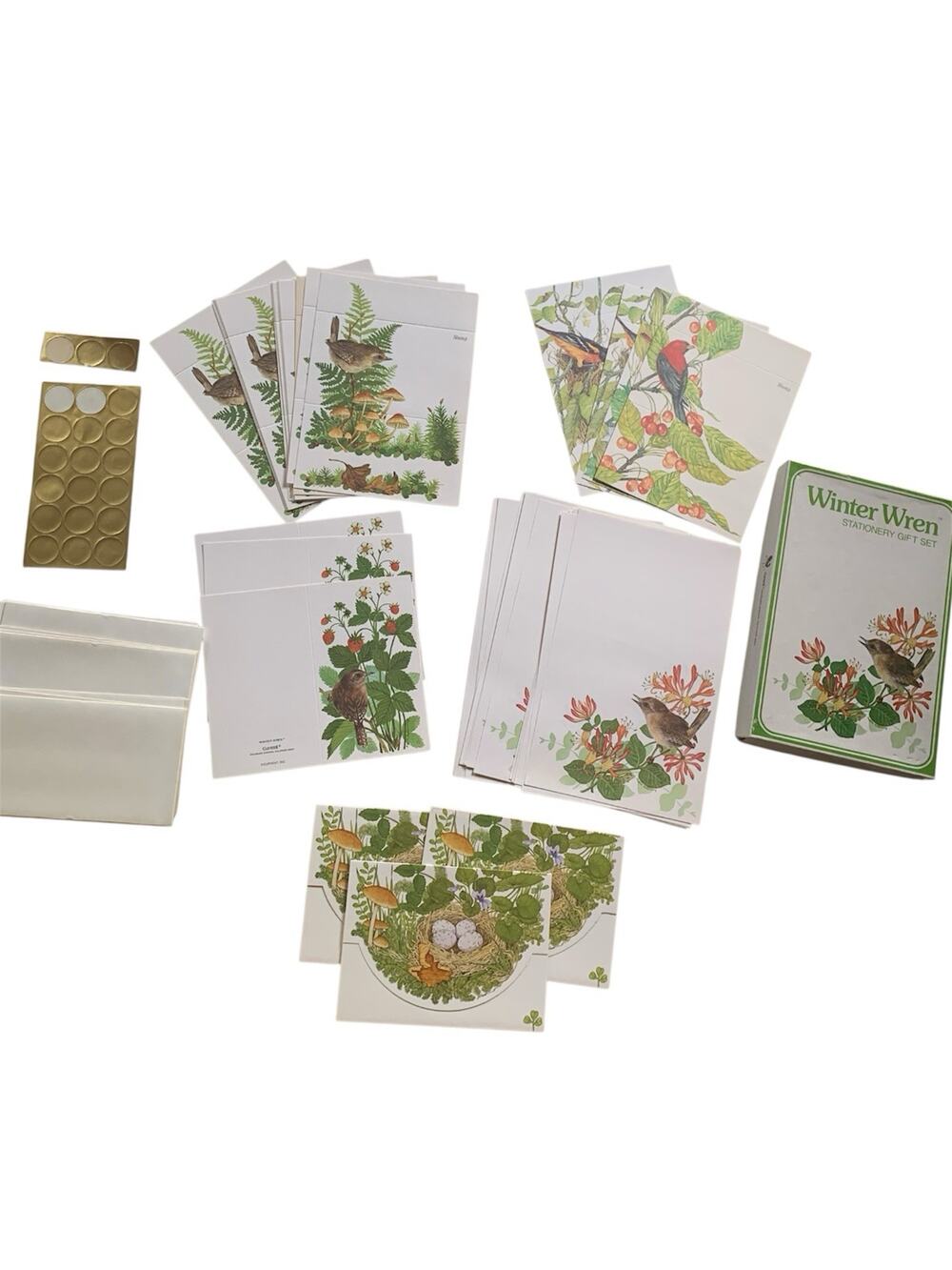 Vintage 70's Boxed Stationery Current Winter Wren Bird Mushroom 77 Piece Set